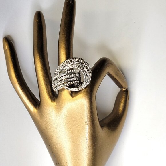 Silver Crystal Rhinestones Ring Wide Criss Cross Over Size 6.25 - Picture 1 of 8